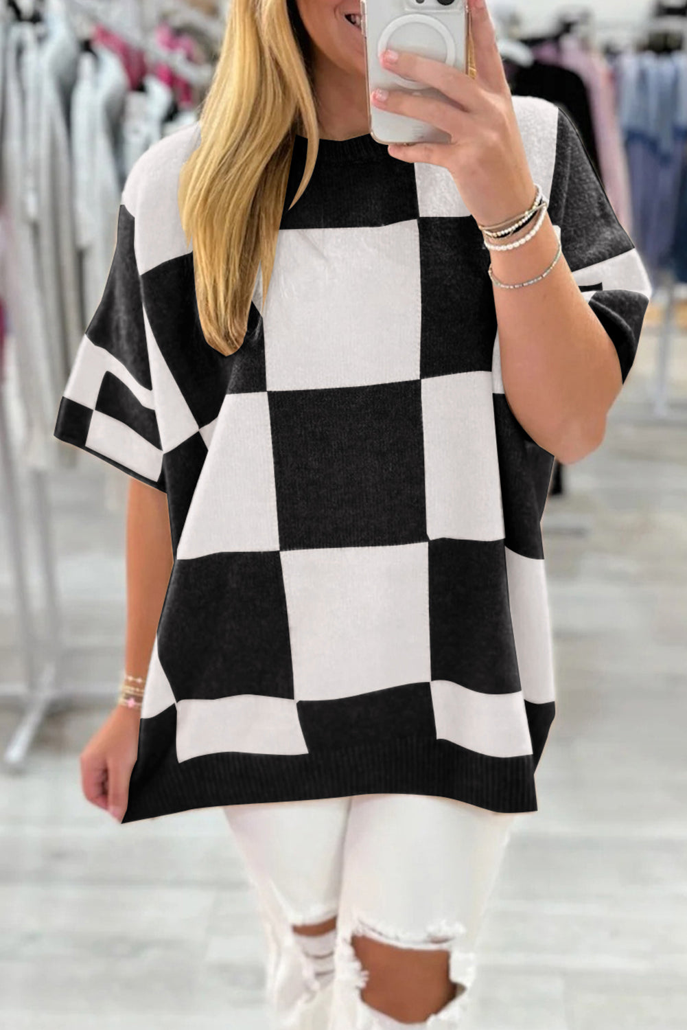 Black Checkered Pattern Loose Drop Shoulder Half Sleeve Knit Sweater For Women Dear-Lover Dropshipping