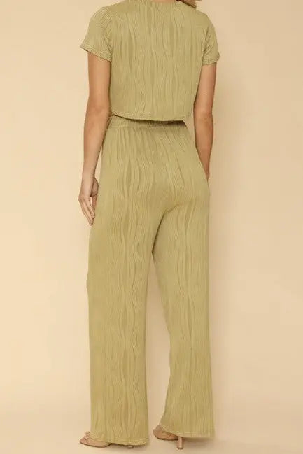 Textured Pleated Two Piece Set With Cropped Top And High Waisted Wide Leg Pants Miss Sparkling