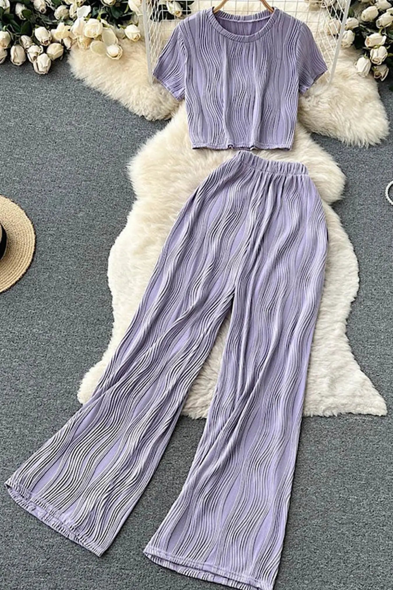 Textured Pleated Two Piece Set With Cropped Top And High Waisted Wide Leg Pants Miss Sparkling