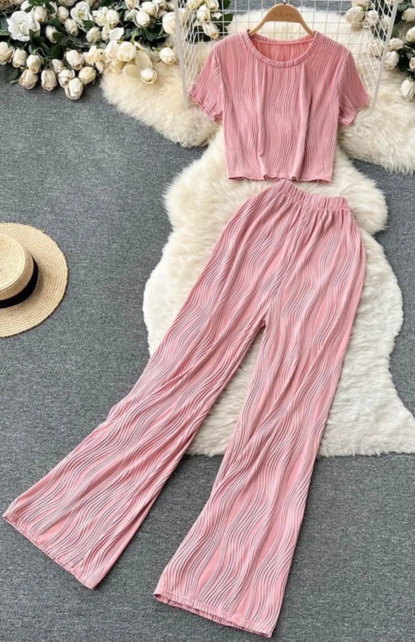 Textured Pleated Two Piece Set With Cropped Top And High Waisted Wide Leg Pants Miss Sparkling