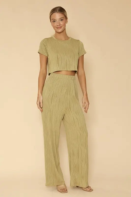 Textured Pleated Two Piece Set With Cropped Top And High Waisted Wide Leg Pants Miss Sparkling