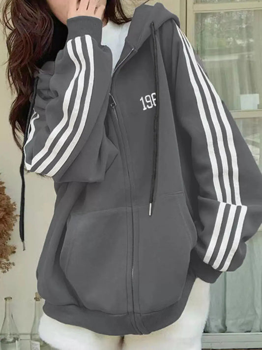 Striped Sleeve Zip-Up Hoodie Simply Love