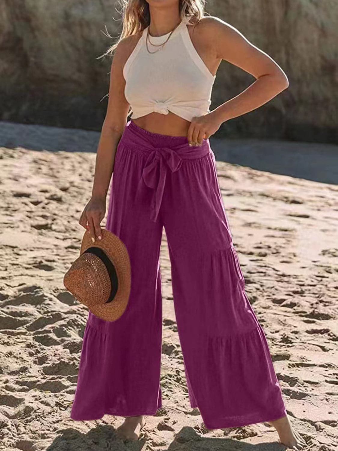 Tied Ruched Wide Leg Pants.