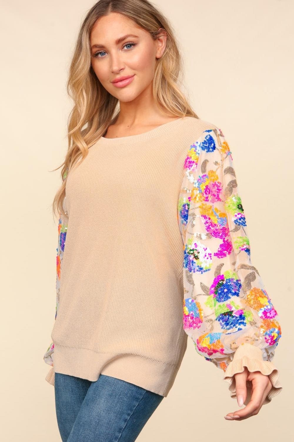 Floral sequin mesh sweater with flounce sleeves