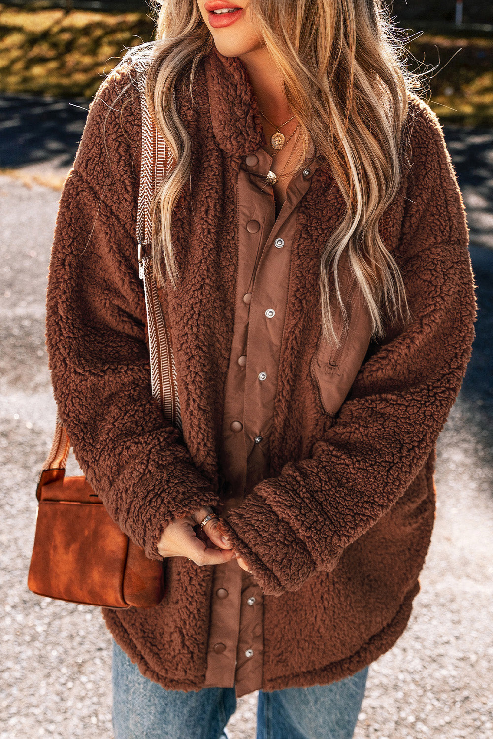 Cozy red clay teddy bear jacket with faux shearling charm