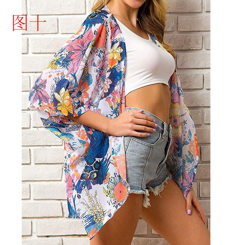 Summer Women Printed Shawl Blouse Seaside Beach Cloak Sun Protection Shirt Bella Mia