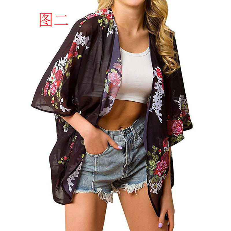 Summer Women Printed Shawl Blouse Seaside Beach Cloak Sun Protection Shirt Bella Mia