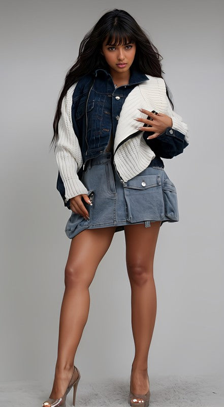 Chic fusion jacket: denim meets knit for effortless style