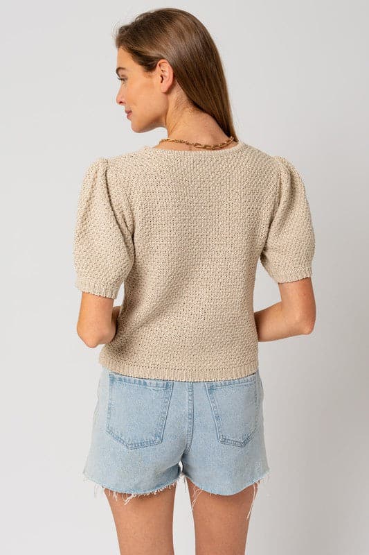 Puff Sleeve Round Neck Texture Sweater Top.