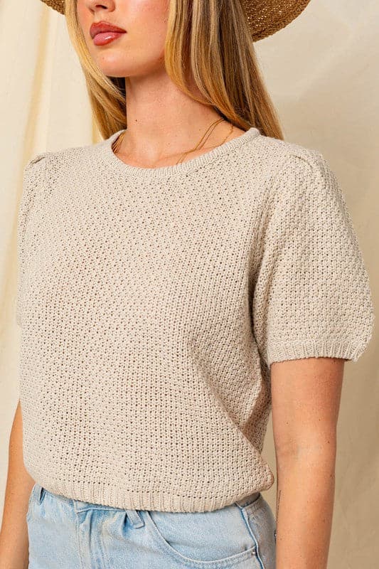 Puff Sleeve Round Neck Texture Sweater Top.