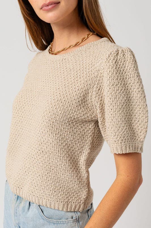 Puff Sleeve Round Neck Texture Sweater Top.