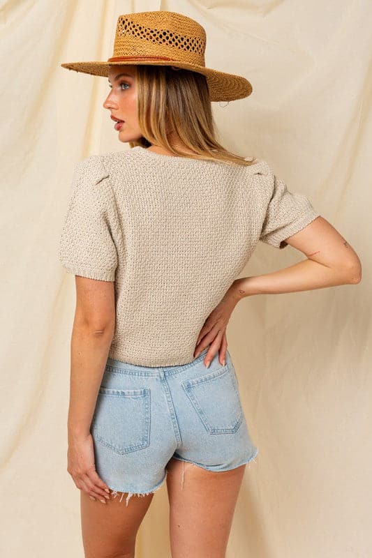 Puff Sleeve Round Neck Texture Sweater Top.