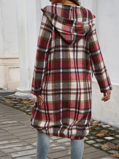 Plaid Zip Up Hooded Coat.