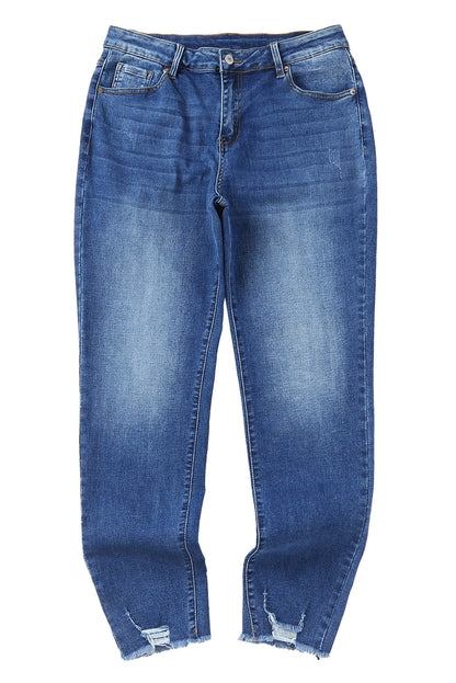 Chic blue ankle-length skinny jeans with raw hem detail