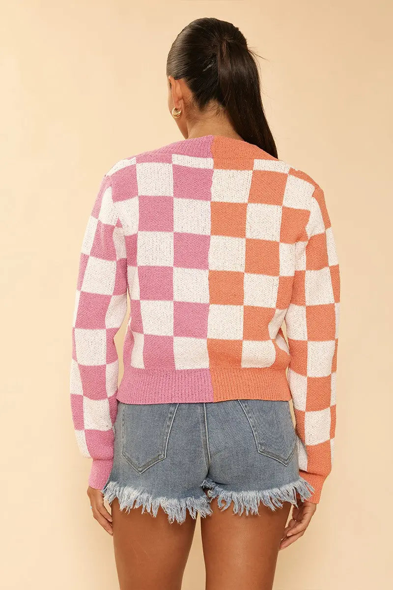 Two tone checkered cropped knit cardigan Miss Sparkling