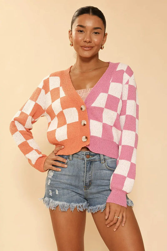 Two tone checkered cropped knit cardigan Miss Sparkling