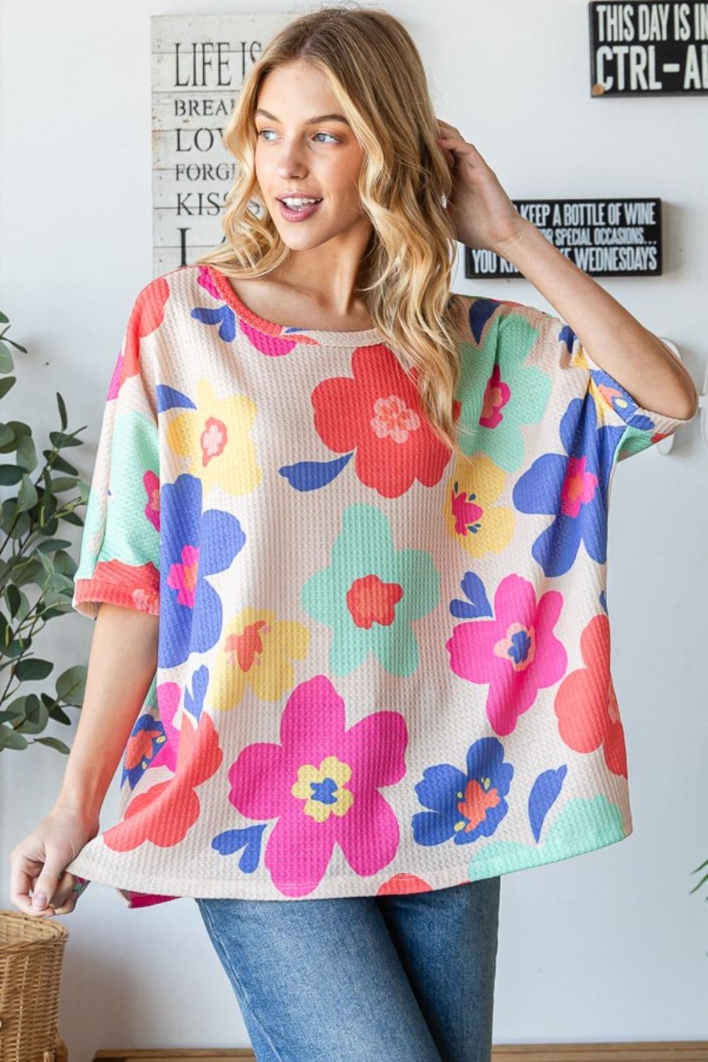 HOPELY Floral Waffle Oversize T-Shirt.