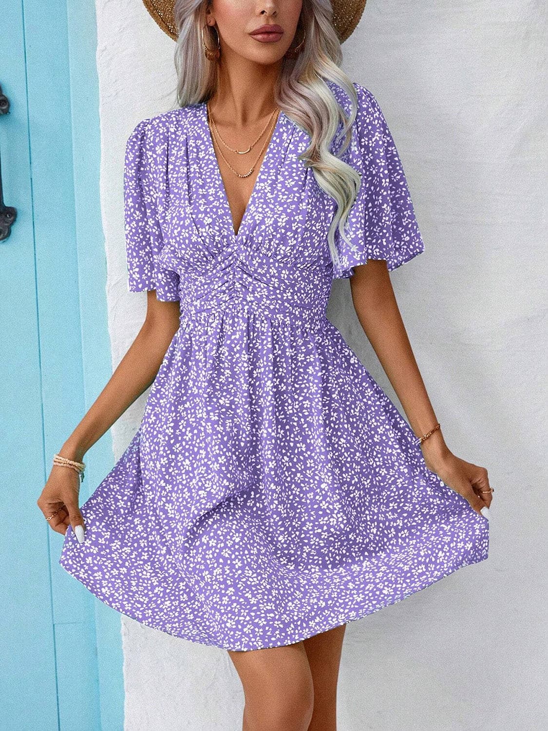 Printed V-Neck Half Sleeve Mini Dress.