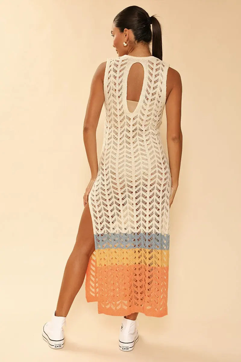 Open Knit Color Block Cover Up With Striped Design Keyhole Back Side Slit Miss Sparkling