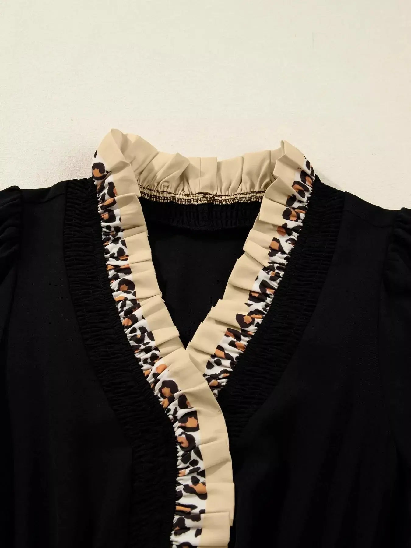 Contrast Leopard Frilled Trim V Neck Bracelet Sleeve Midi Dress Simply Love