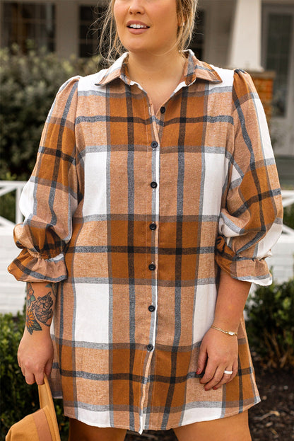 Khaki plus size plaid button-up dress with flounce sleeves