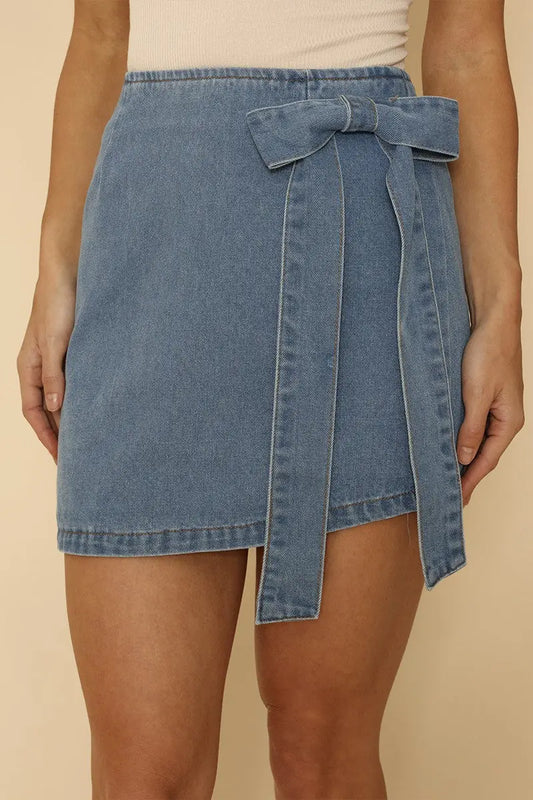 Denim Bow Side Skirt With Asymmetrical Hem And Back Zipper Miss Sparkling