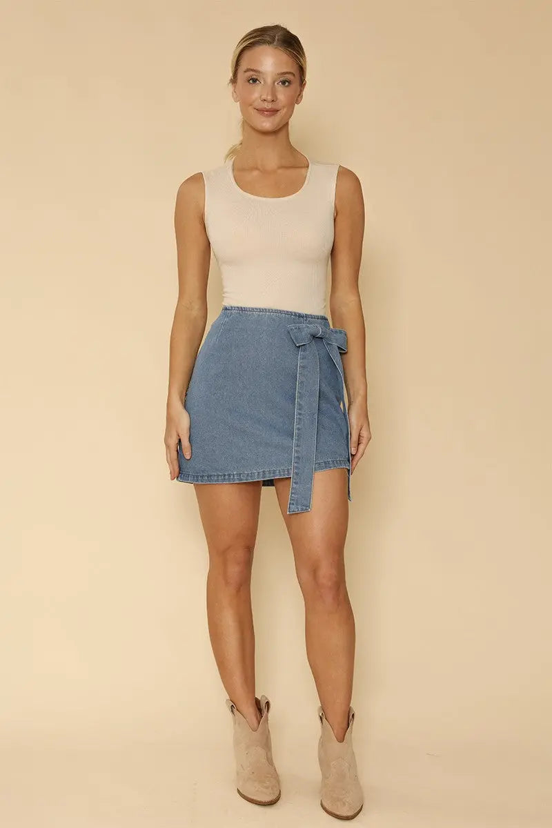 Denim Bow Side Skirt With Asymmetrical Hem And Back Zipper Miss Sparkling