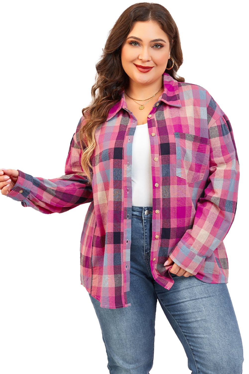 Chic rose stripe checkered print button-up shirt for plus sizes