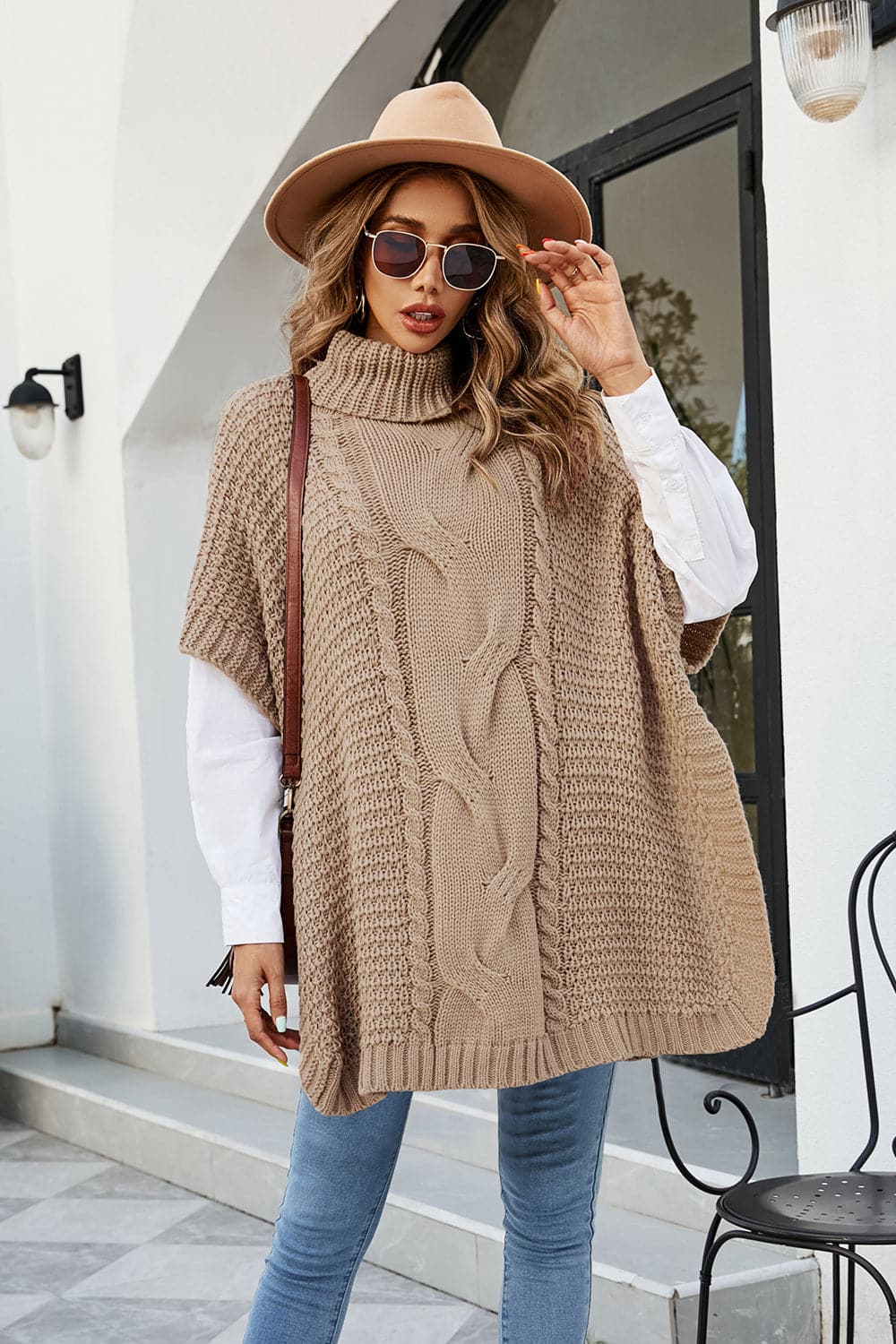 Cable-Knit Turtleneck Slit Sweater.