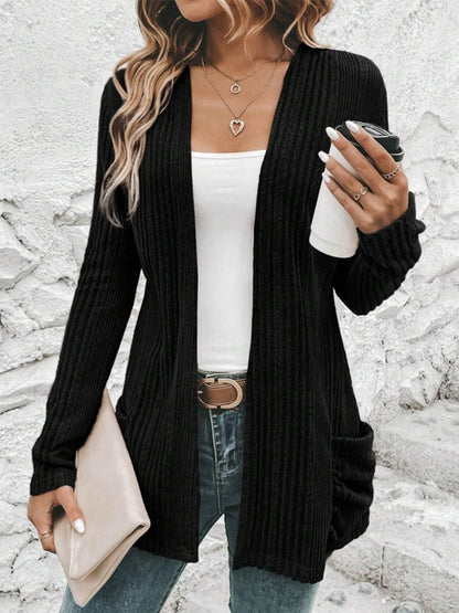 Pocketed Open Front Long Sleeve Cardigan.