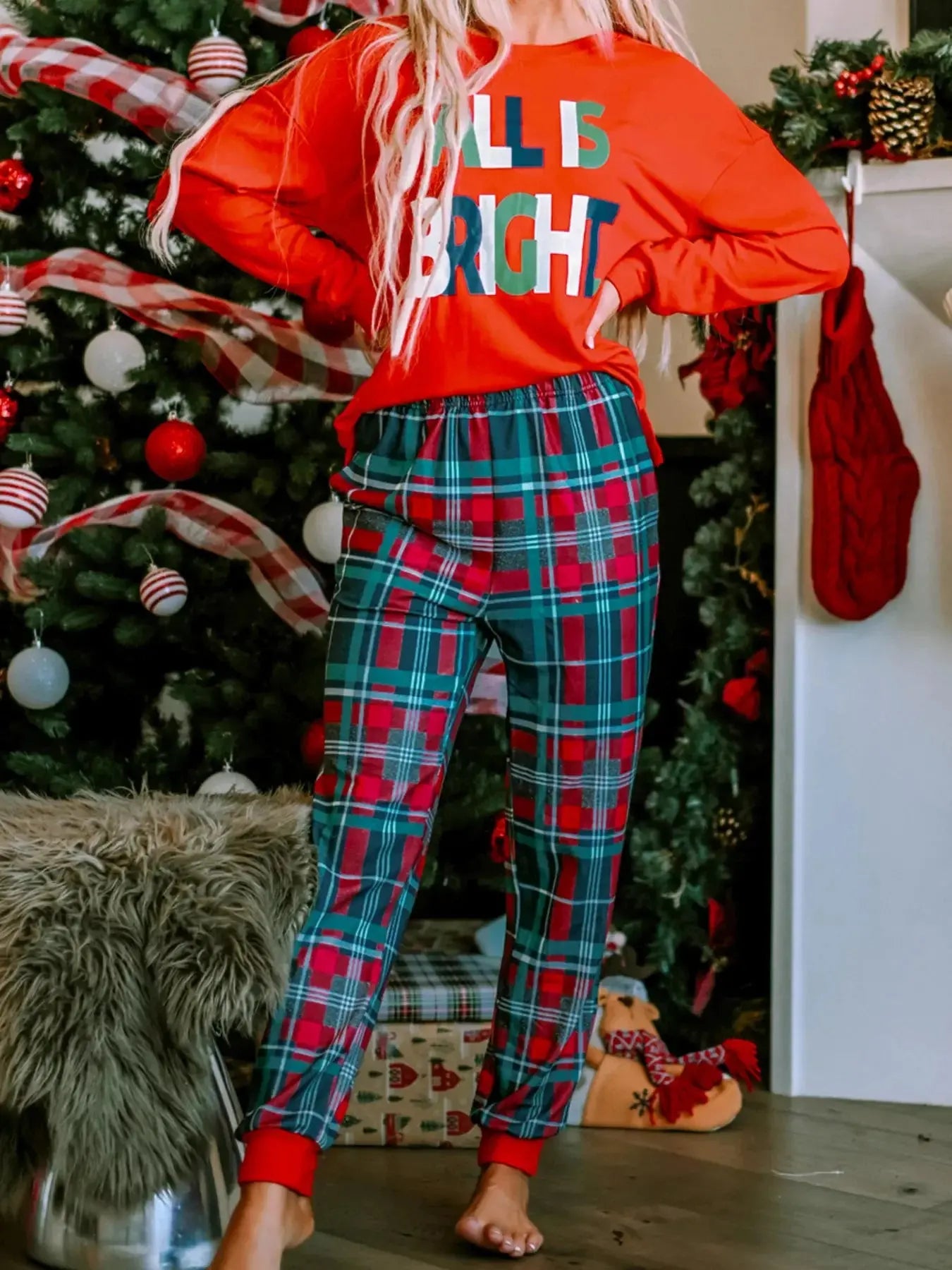 ALL IS BRIGHT Graphic Christmas Plaid Pajamas Set Simply Love