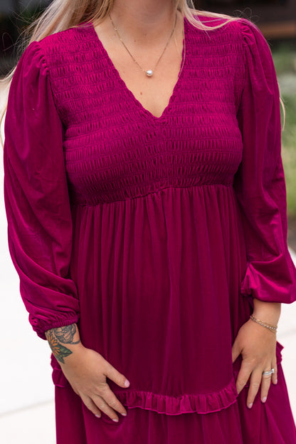 Elegant rose red velvet plus size maxi dress with ruffled tiers and V-neck