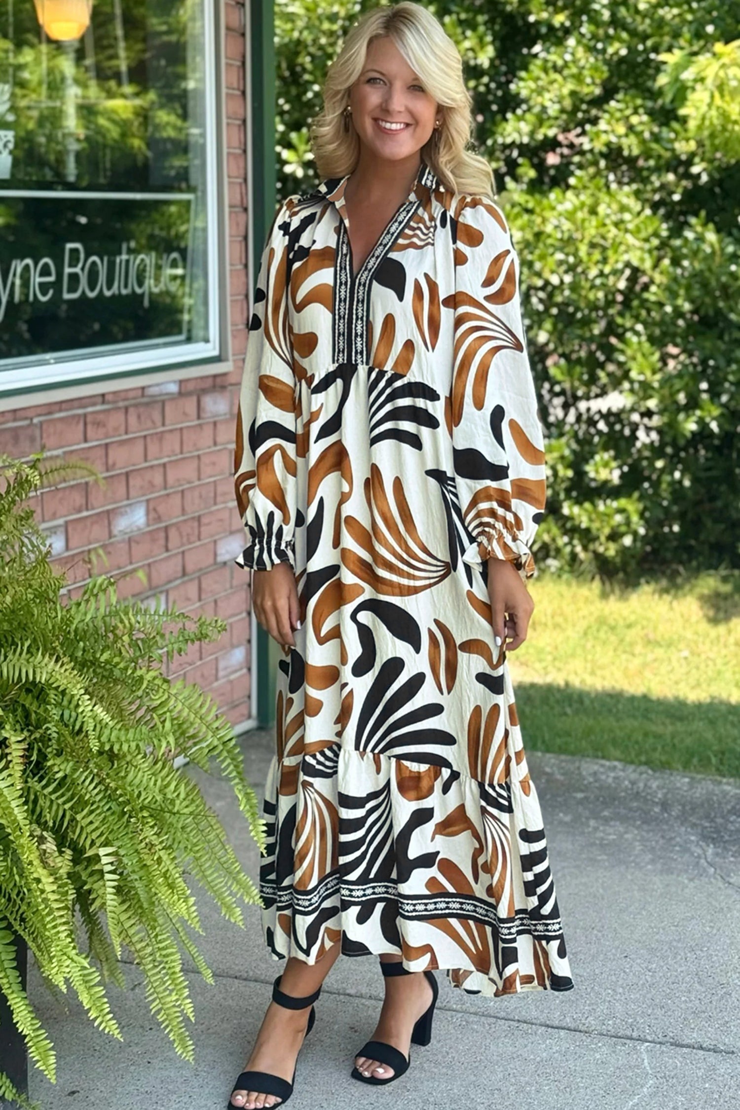 Brown Tropical Print Dress With Contrast Trim Neck Long Sleeve Ruffle Hem Dear-Lover Dropshipping