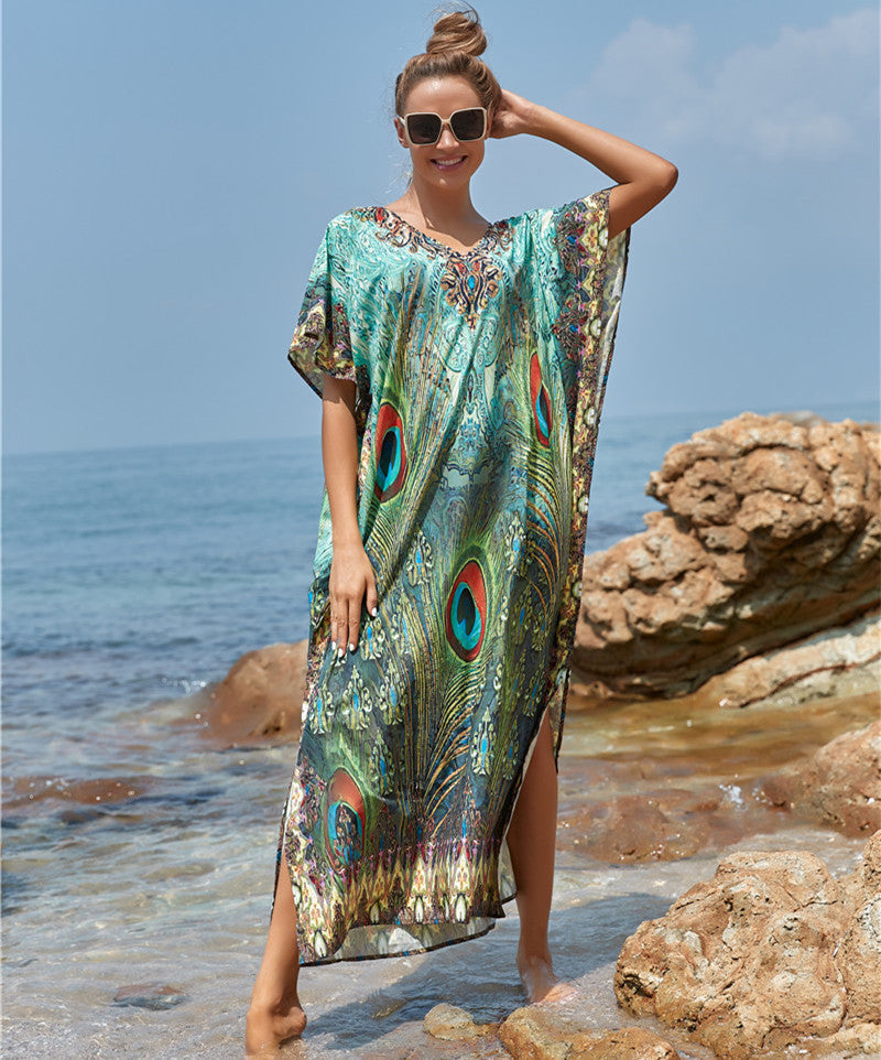 Polyester Feather Print Beach Cover up Sexy Deep V Plunge neck Vacation Sun Protection Shirt Dress Beach Cover Up Bella Mia