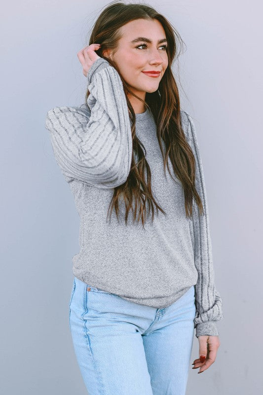 Contrast Ribbed Bishop Sleeve Top Coco’s Tee Boutique