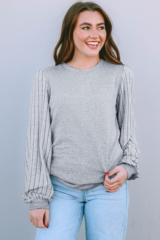 Contrast Ribbed Bishop Sleeve Top Coco’s Tee Boutique