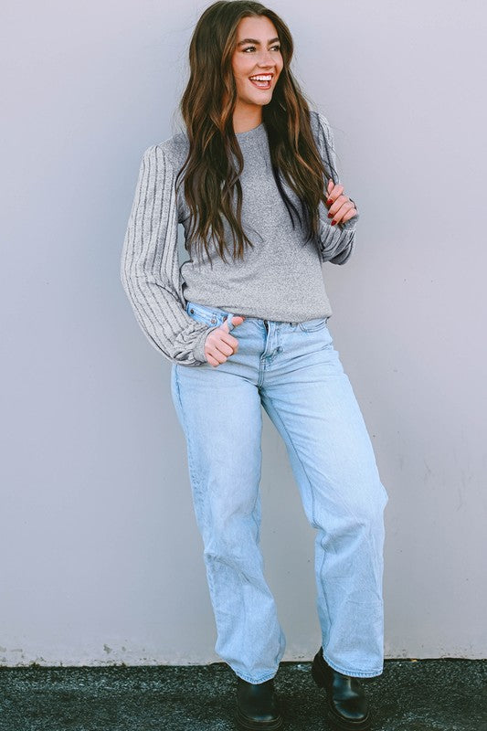 Contrast Ribbed Bishop Sleeve Top Coco’s Tee Boutique