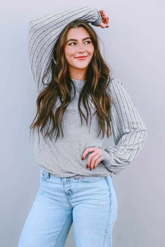 Contrast Ribbed Bishop Sleeve Top Coco’s Tee Boutique