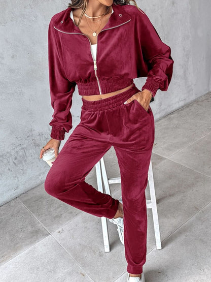 Cropped Zip-Up Long Sleeve Top and Jogger Set with Pockets