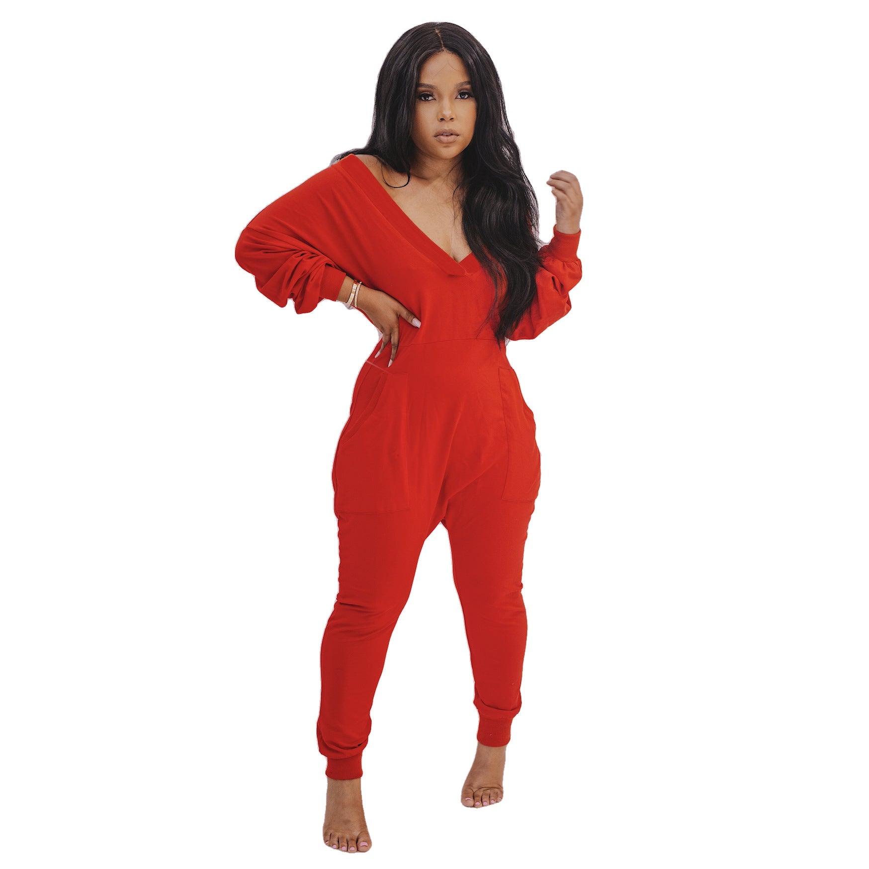 Women Clothing V neck Jumpsuit Sexy Sweatshirt Jumpsuit Long Sleeve Autumn Winter Pajamas Bella Mia