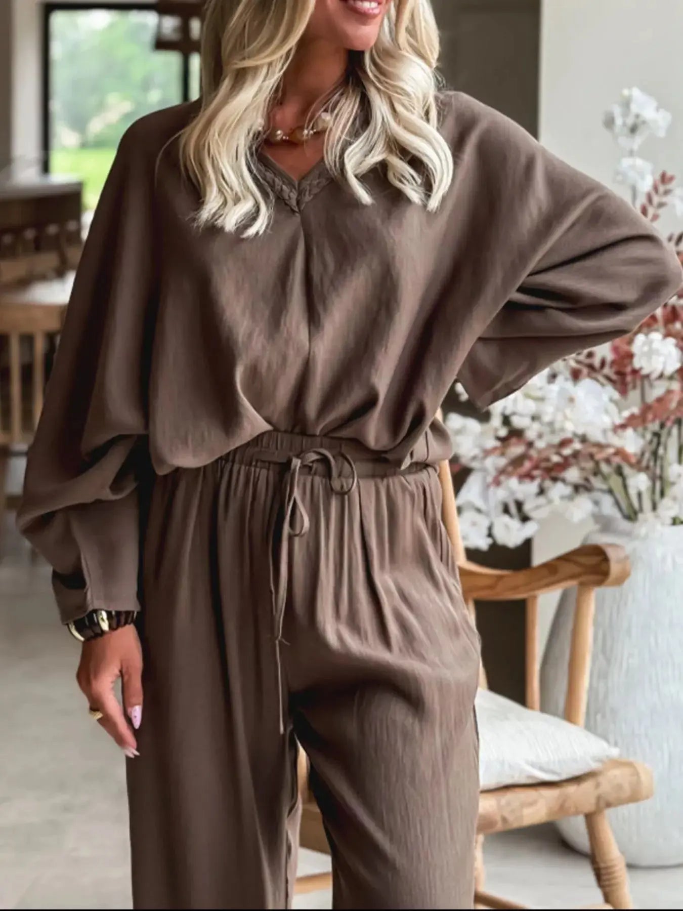 Braided V Neck Long Sleeve Loose Top and Drawstring High Waist Pants 2pcs Outfit Simply Love