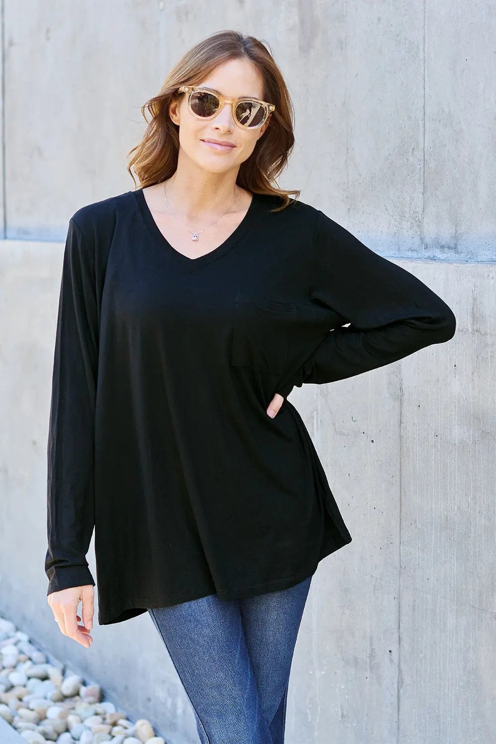 Basic Bae Full Size V-Neck Long Sleeve Top - Love Salve