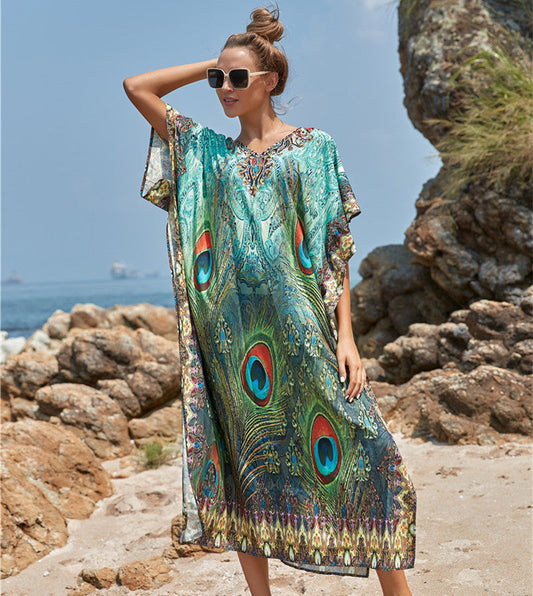 Polyester Feather Print Beach Cover up Sexy Deep V Plunge neck Vacation Sun Protection Shirt Dress Beach Cover Up Bella Mia