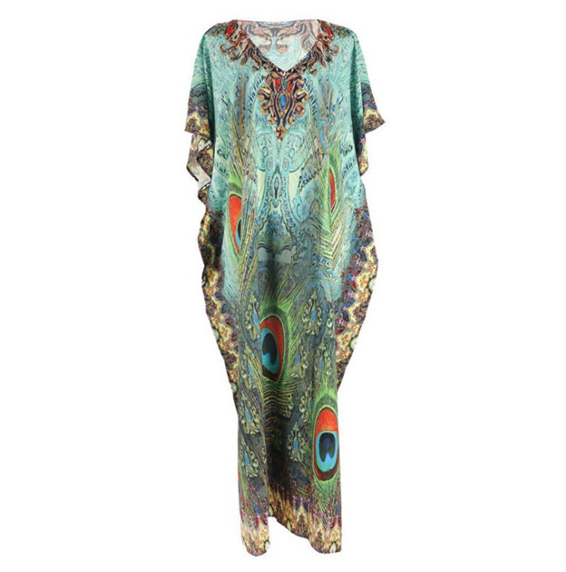 Polyester Feather Print Beach Cover up Sexy Deep V Plunge neck Vacation Sun Protection Shirt Dress Beach Cover Up Bella Mia