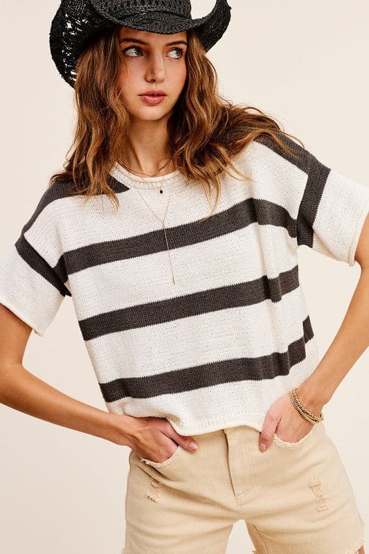 Lightweight Stripe Sweater Short Sleeve Top.