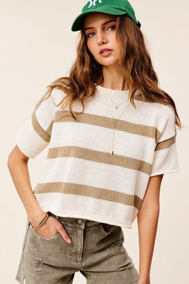 Lightweight Stripe Sweater Short Sleeve Top.