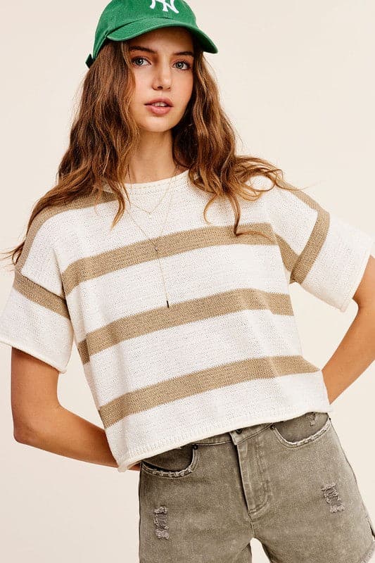 Lightweight Stripe Sweater Short Sleeve Top.