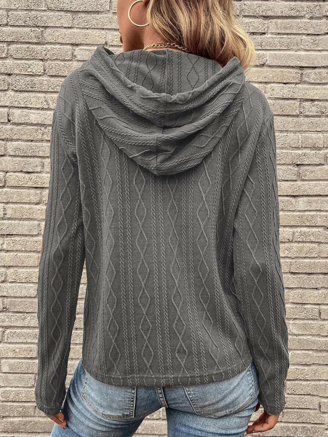 Cable-Knit Drawstring Hooded Knit Top.