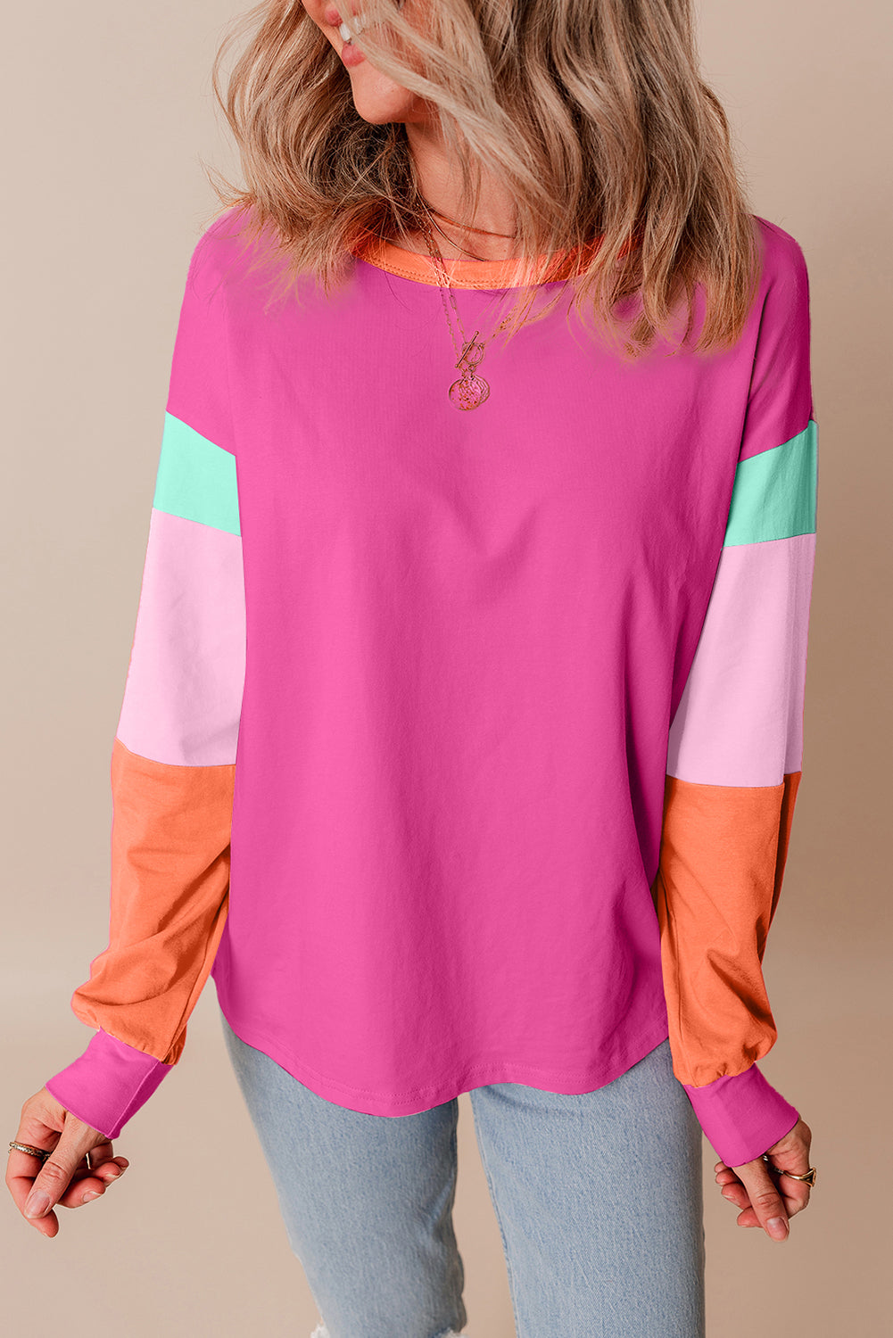 Chic rose red colorblock patchwork long sleeve top for a relaxed fit