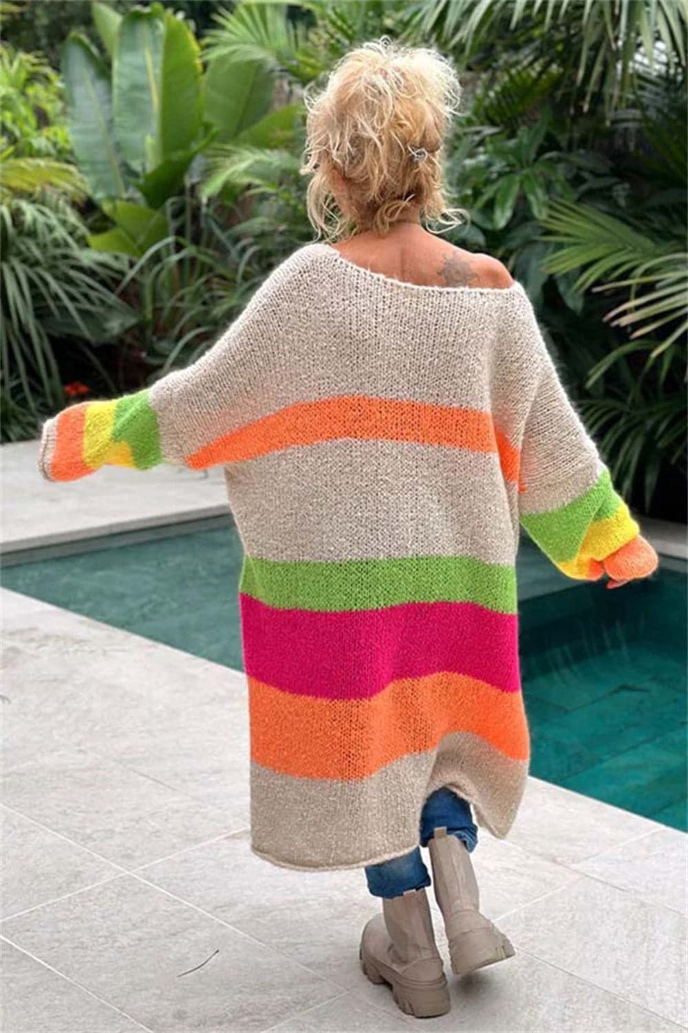 Color Block V-Neck Long Sleeve Sweater Dress.